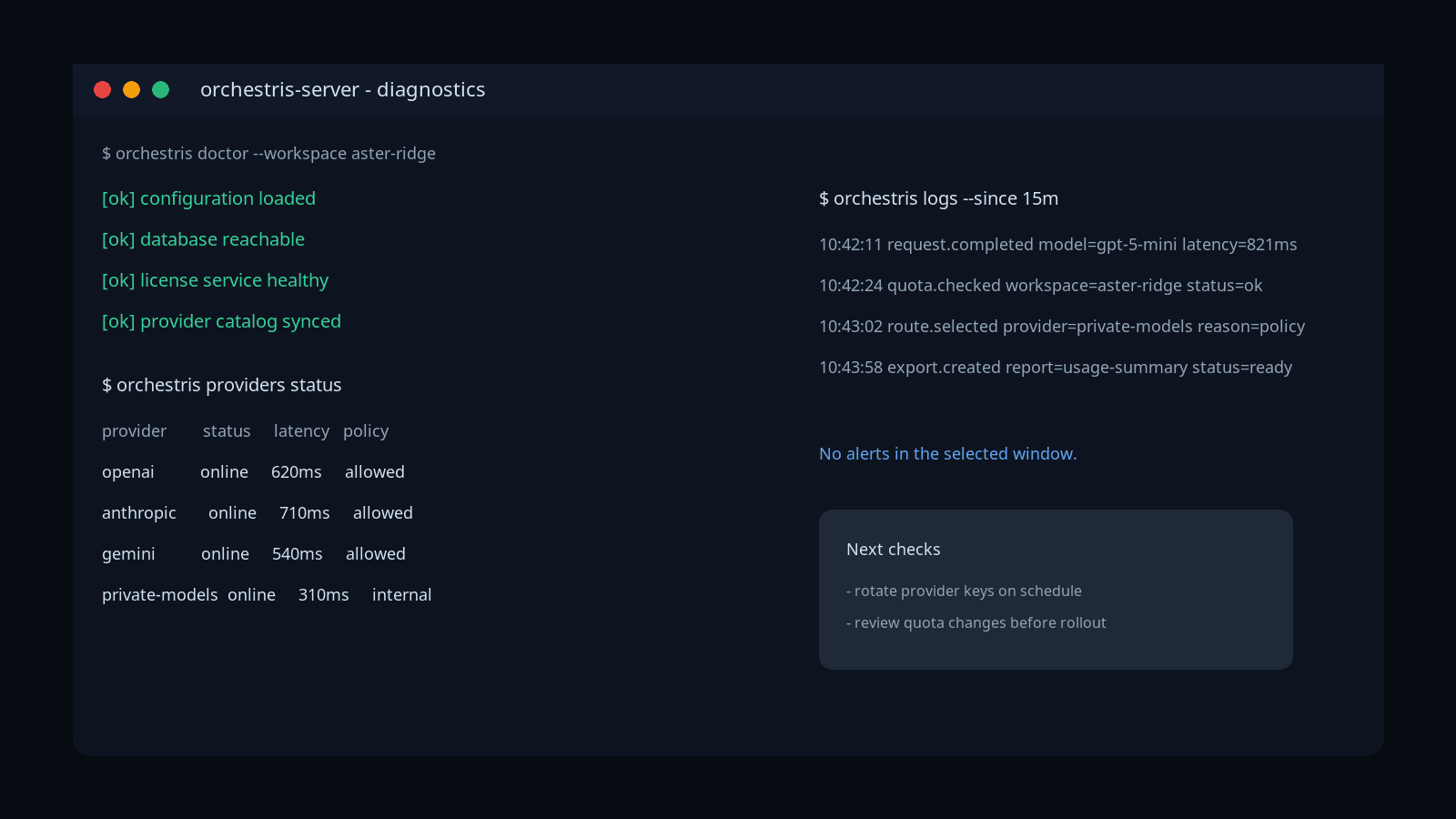 Terminal view for Orchestris server configuration and diagnostic commands